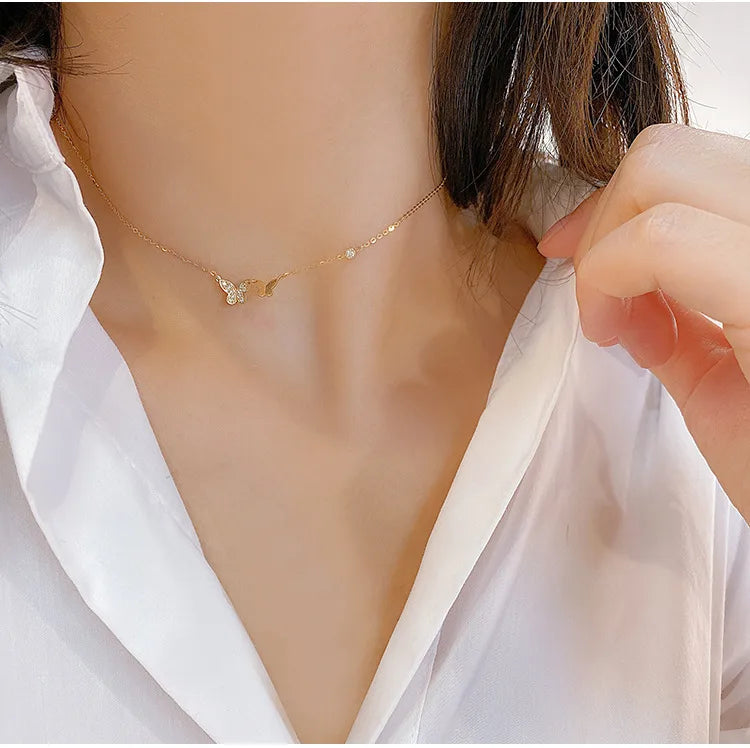 Gold Flutter Twin Butterfly Necklace in 925 Sterling Silver